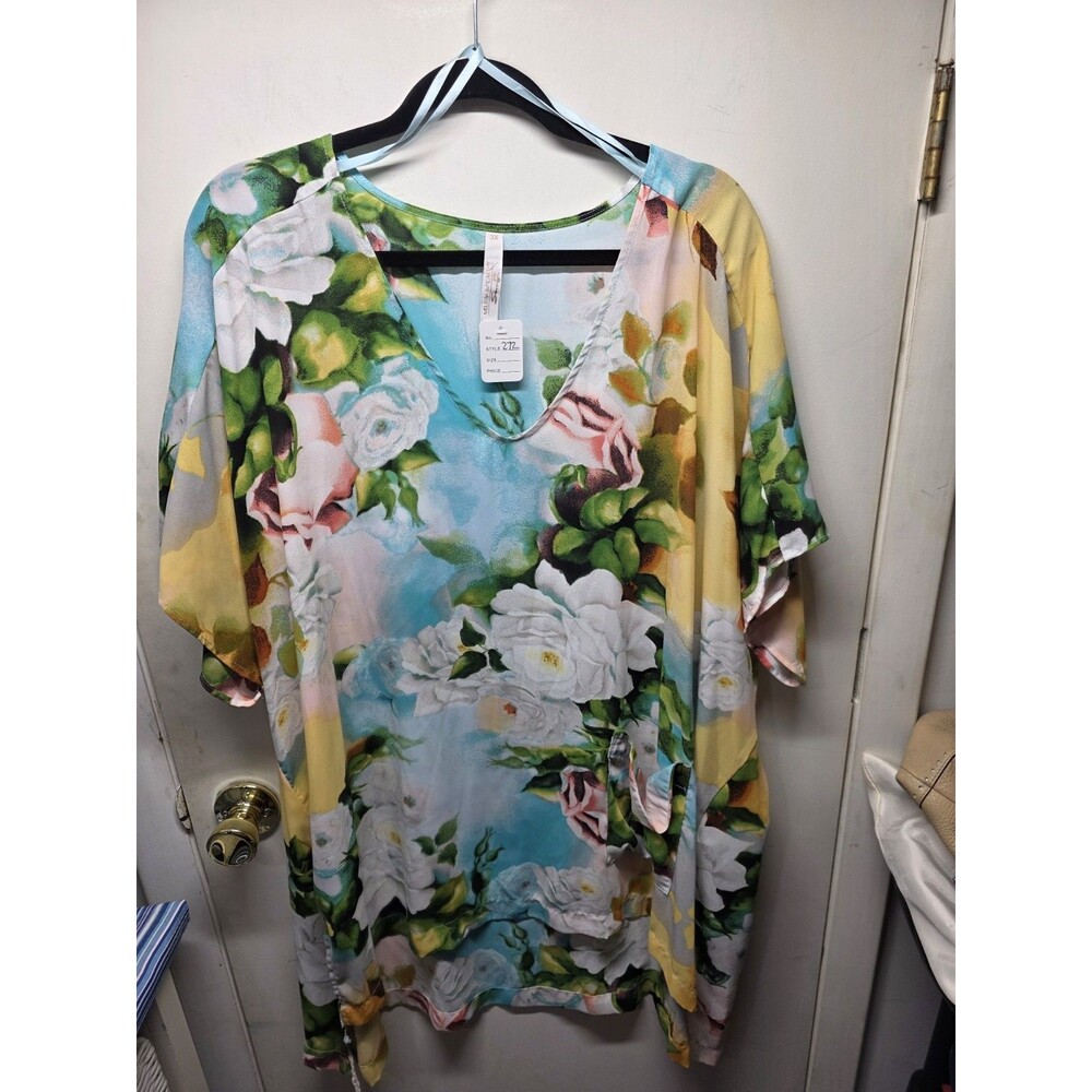 Melissa McCarthy Seven7 Blue Floral Watercolor Tye Dye Hi Low Tunic Top Sz 3X